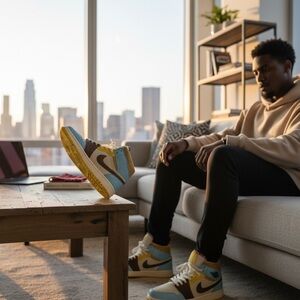 Nike Multicolor Leather High-Top Sneaker in White, Yellow, Blue, Brown